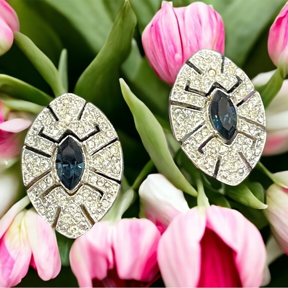 Vintage Jewelry - Vintage clear & blue crystal tear drop fancy party earrings